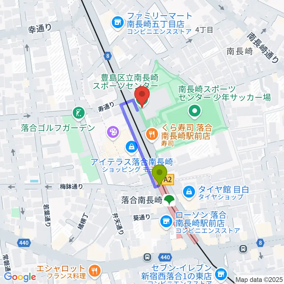 豊島区南長崎スポーツセンターの最寄駅落合南長崎駅からの徒歩ルート（約2分）地図