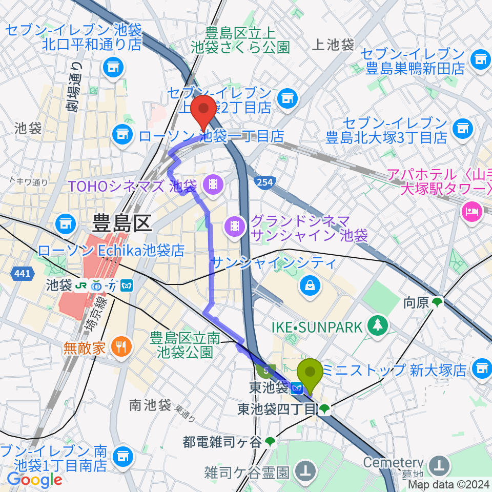 東池袋駅から豊島区立池袋スポーツセンターへのルートマップ地図