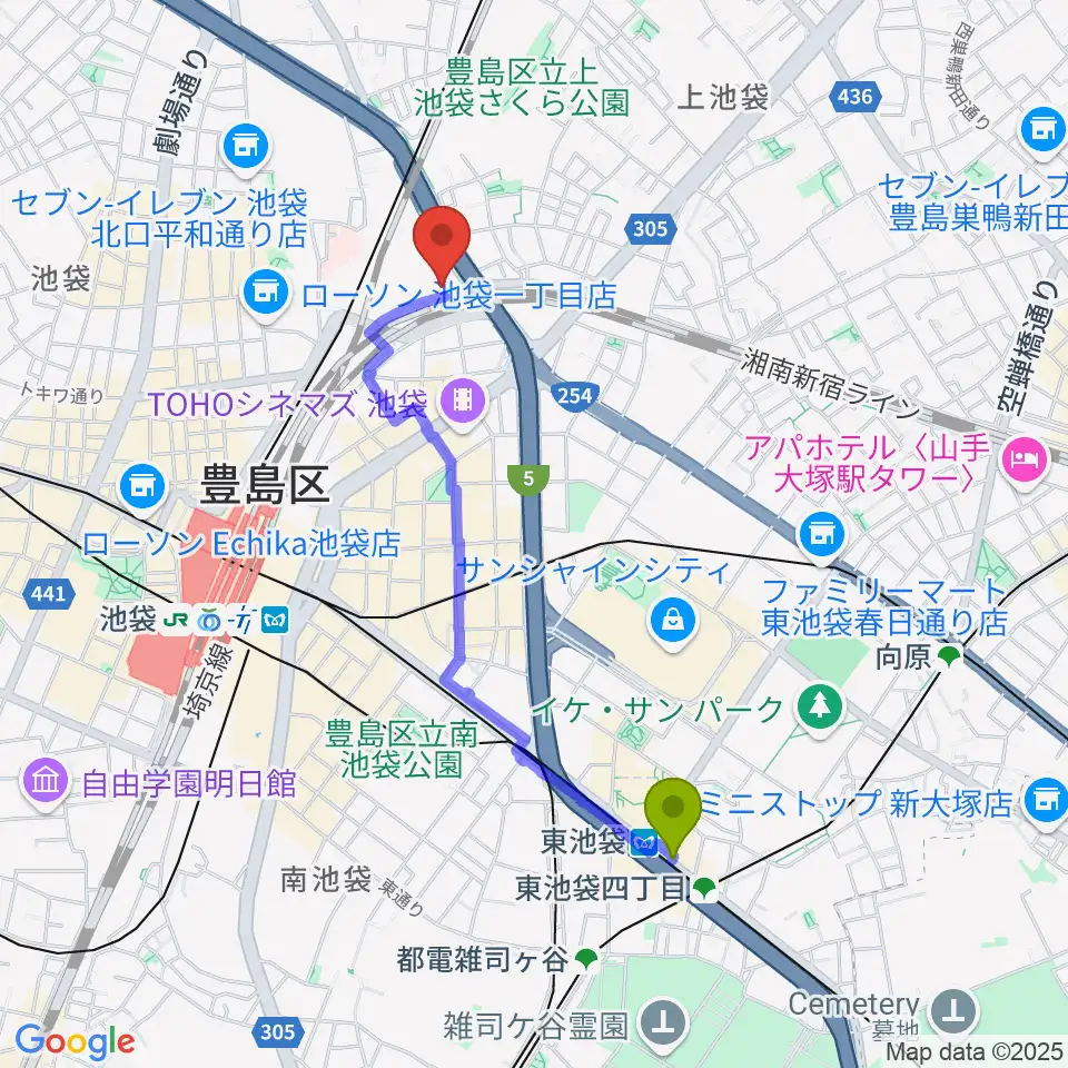 東池袋駅から豊島区立池袋スポーツセンターへのルートマップ地図