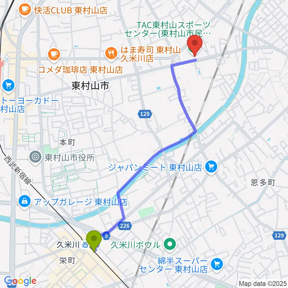 久米川駅からTAC東村山スポーツセンターへのルートマップ地図