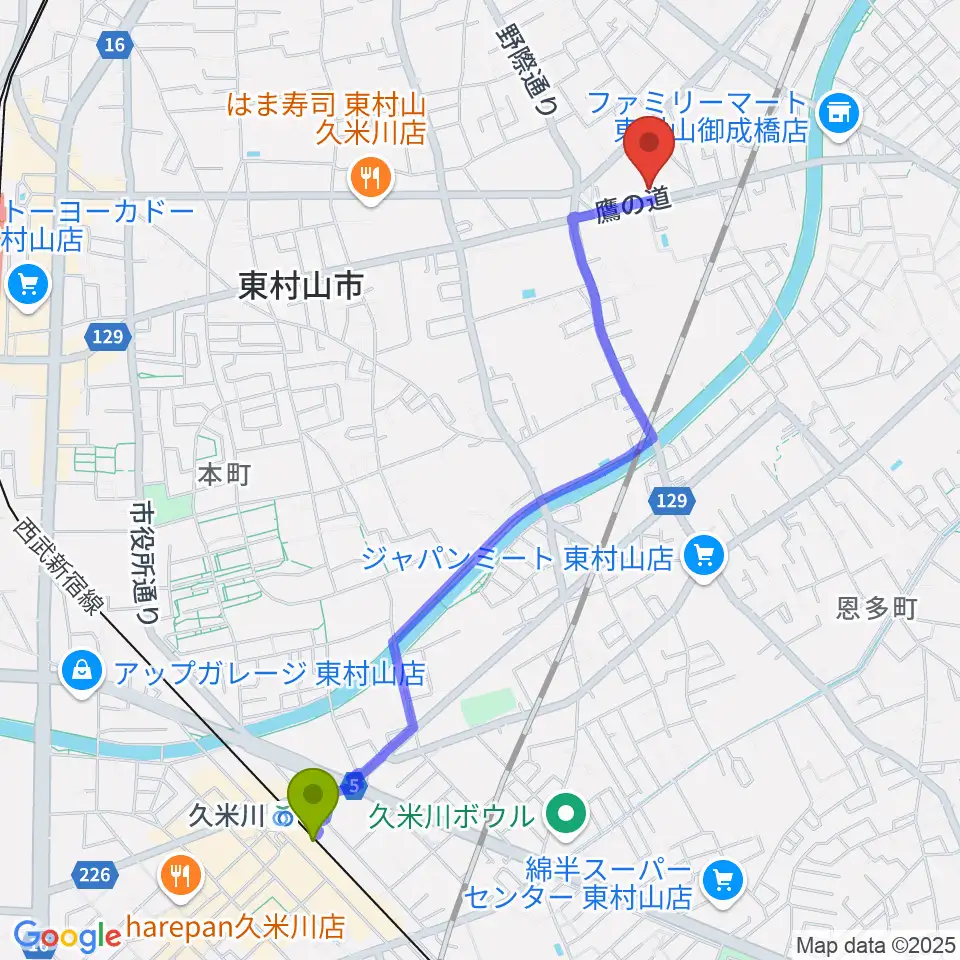 久米川駅からTAC東村山スポーツセンターへのルートマップ地図