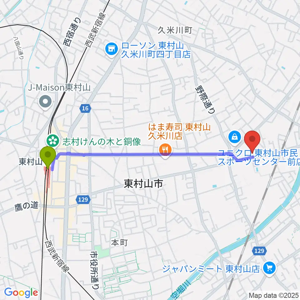 TAC東村山スポーツセンターの最寄駅東村山駅からの徒歩ルート（約21分）地図