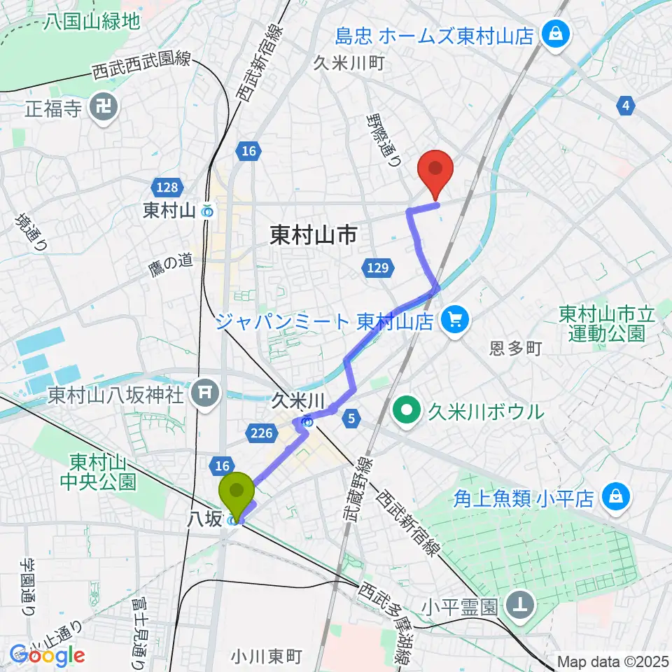 八坂駅からTAC東村山スポーツセンターへのルートマップ地図