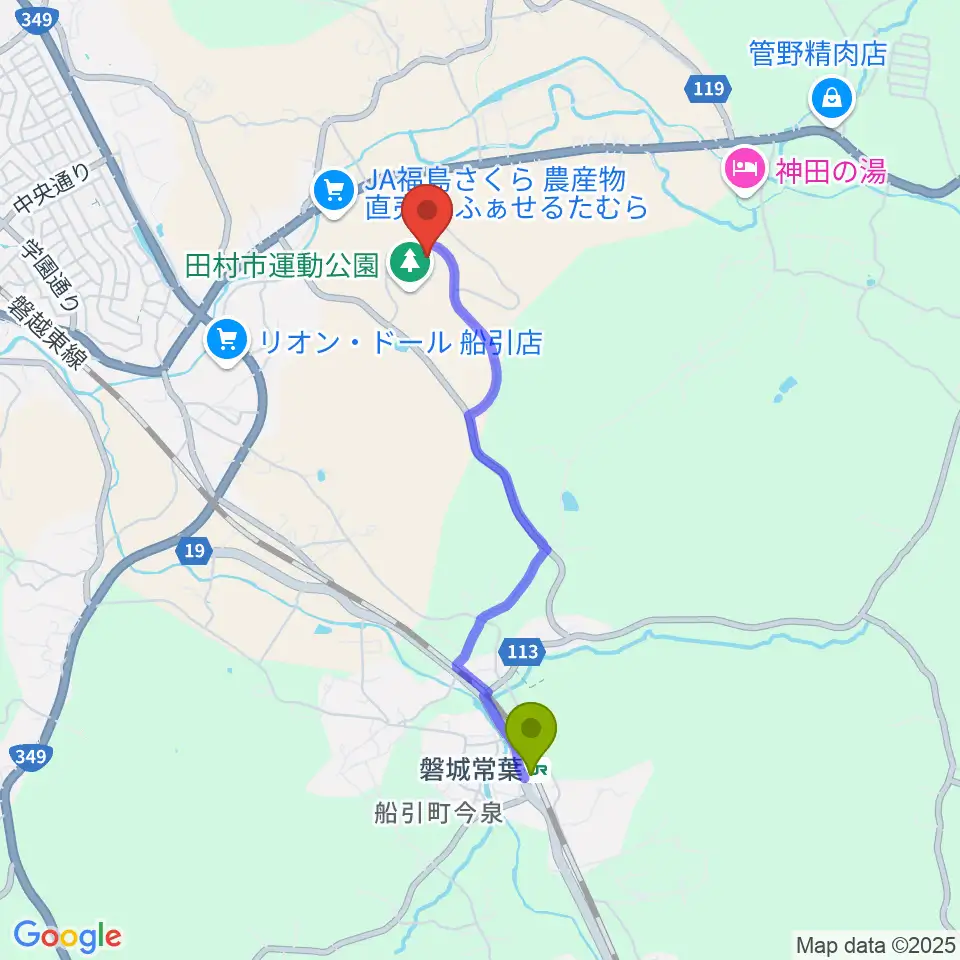 田村市総合体育館の最寄駅磐城常葉駅からの徒歩ルート（約33分）地図