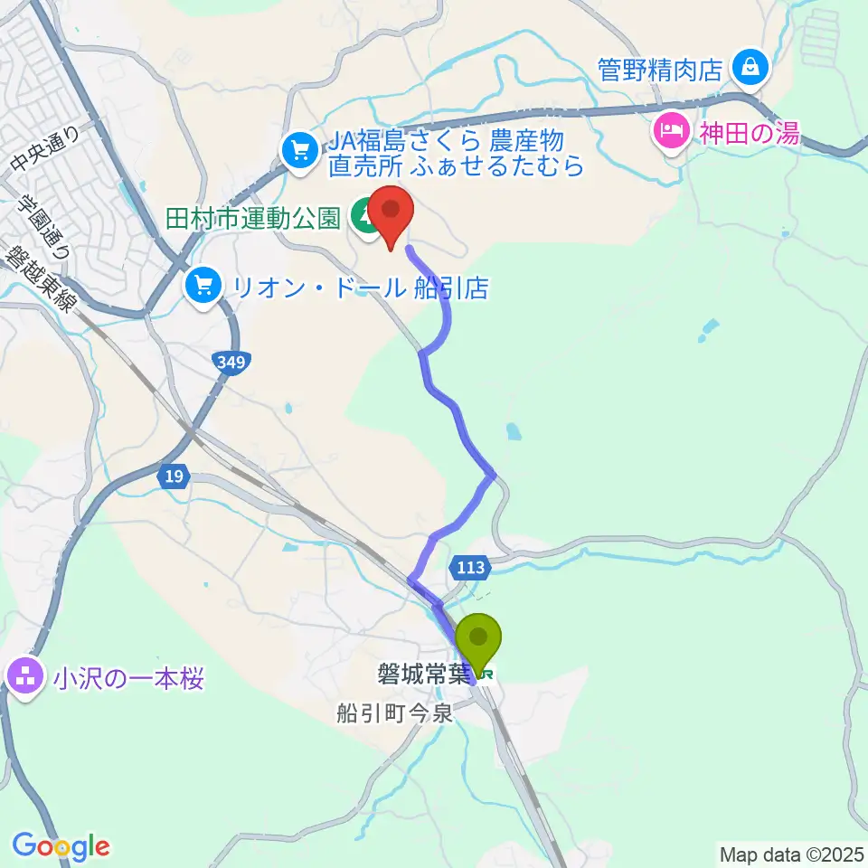 田村市陸上競技場の最寄駅磐城常葉駅からの徒歩ルート（約30分）地図