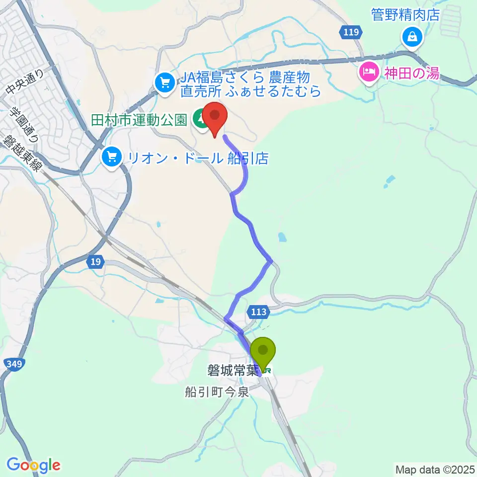 田村市陸上競技場の最寄駅磐城常葉駅からの徒歩ルート（約30分）地図