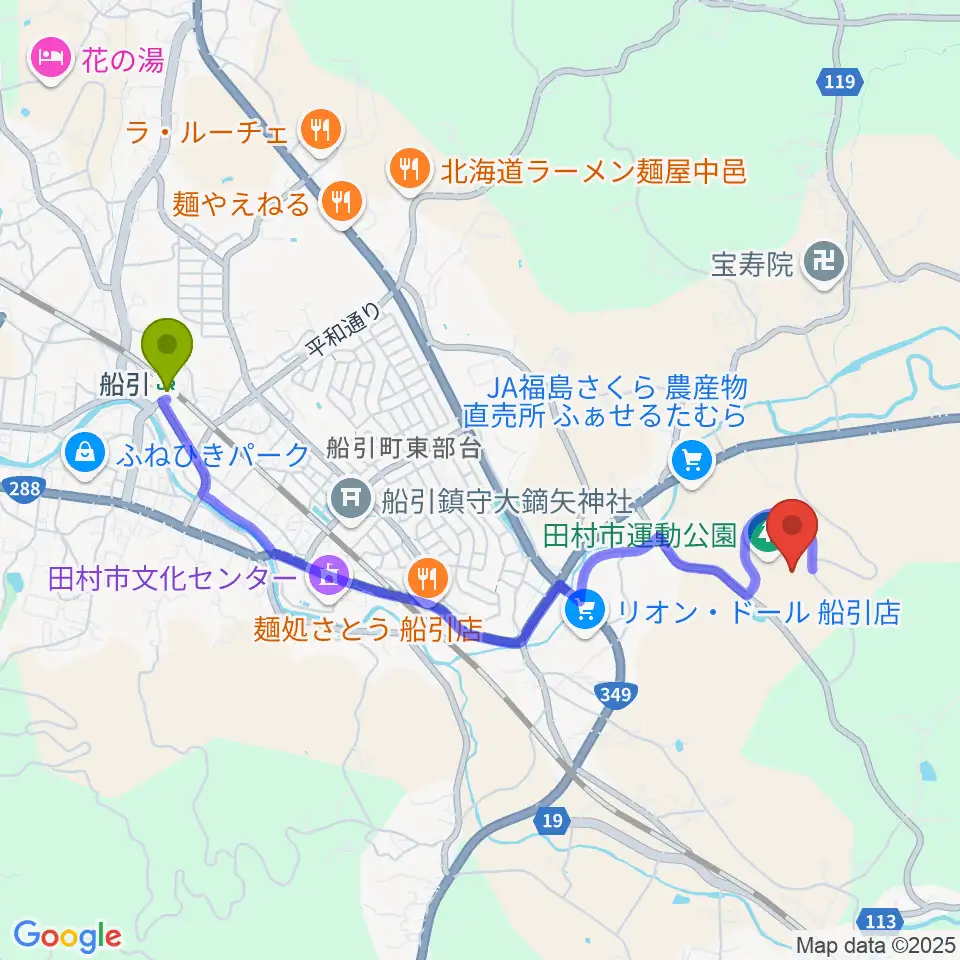 船引駅から田村市陸上競技場へのルートマップ地図