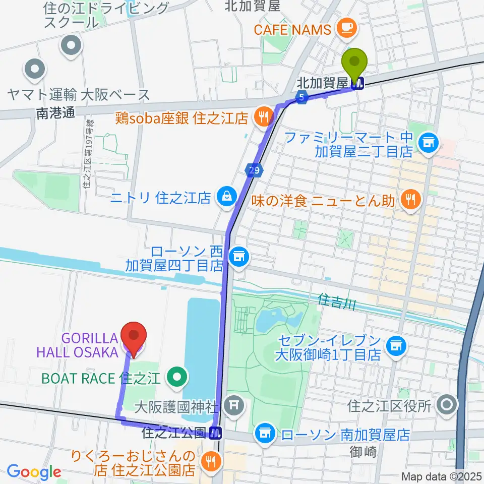 北加賀屋駅からGORILLA HALL OSAKAへのルートマップ地図