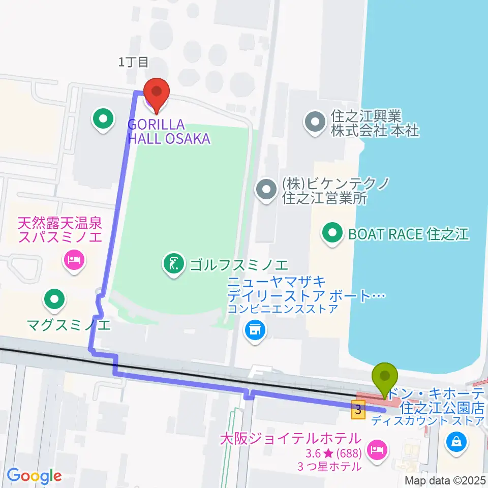 GORILLA HALL OSAKAの最寄駅住之江公園駅からの徒歩ルート（約6分）地図