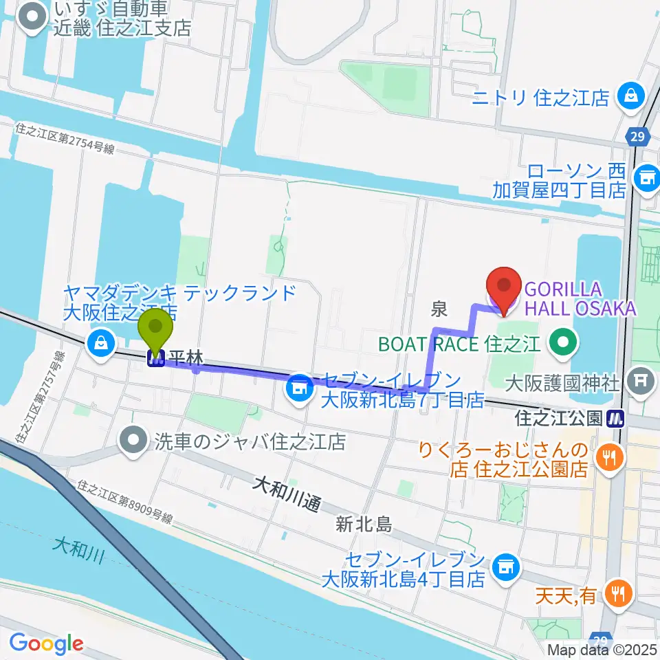 平林駅からGORILLA HALL OSAKAへのルートマップ地図