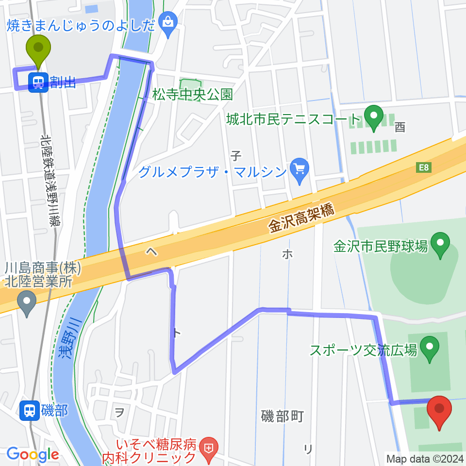 割出駅から金沢ゴーゴーカレースタジアムへのルートマップ地図