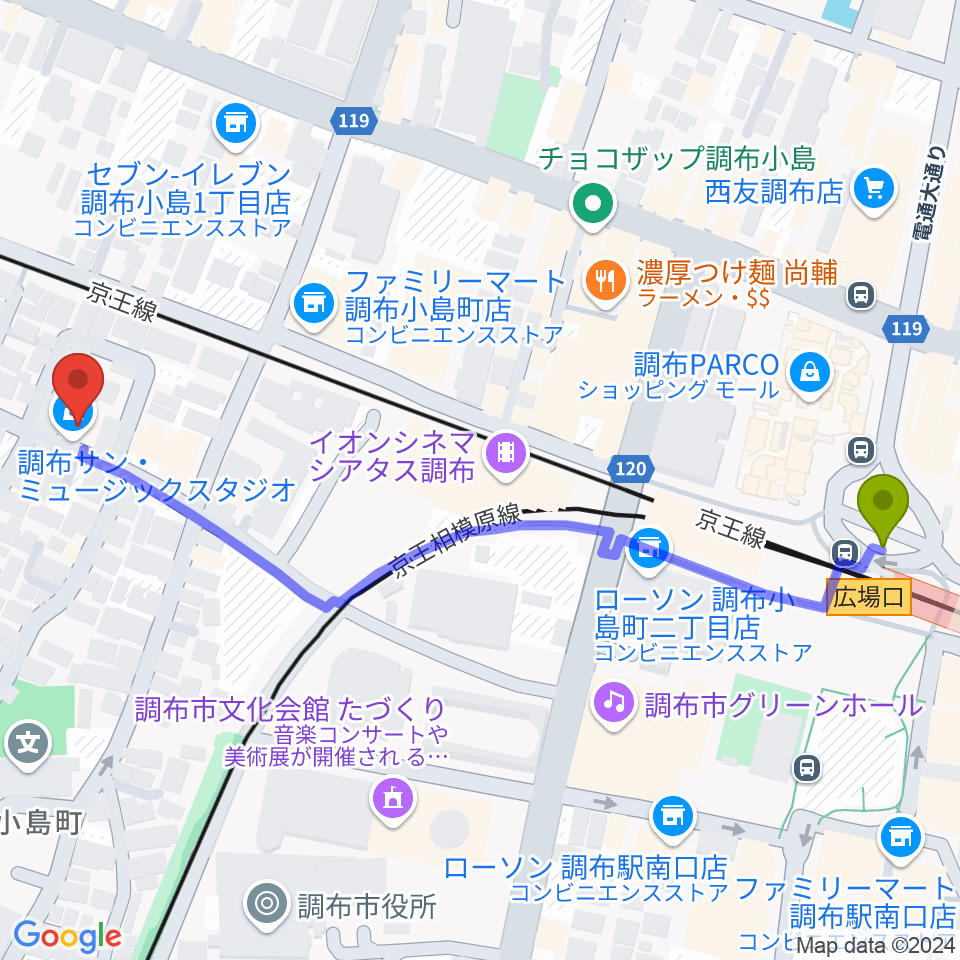 サン・ミュージックスタジオの最寄駅調布駅からの徒歩ルート（約7分）地図