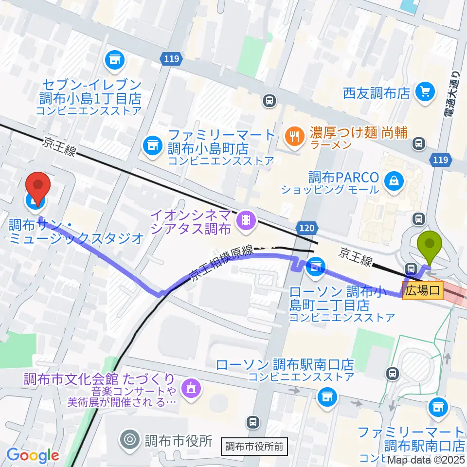 サン・ミュージックスタジオの最寄駅調布駅からの徒歩ルート（約7分）地図