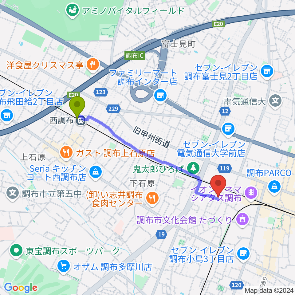 西調布駅からサン・ミュージックスタジオへのルートマップ地図