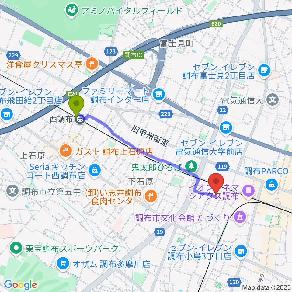 西調布駅からサン・ミュージックスタジオへのルートマップ地図