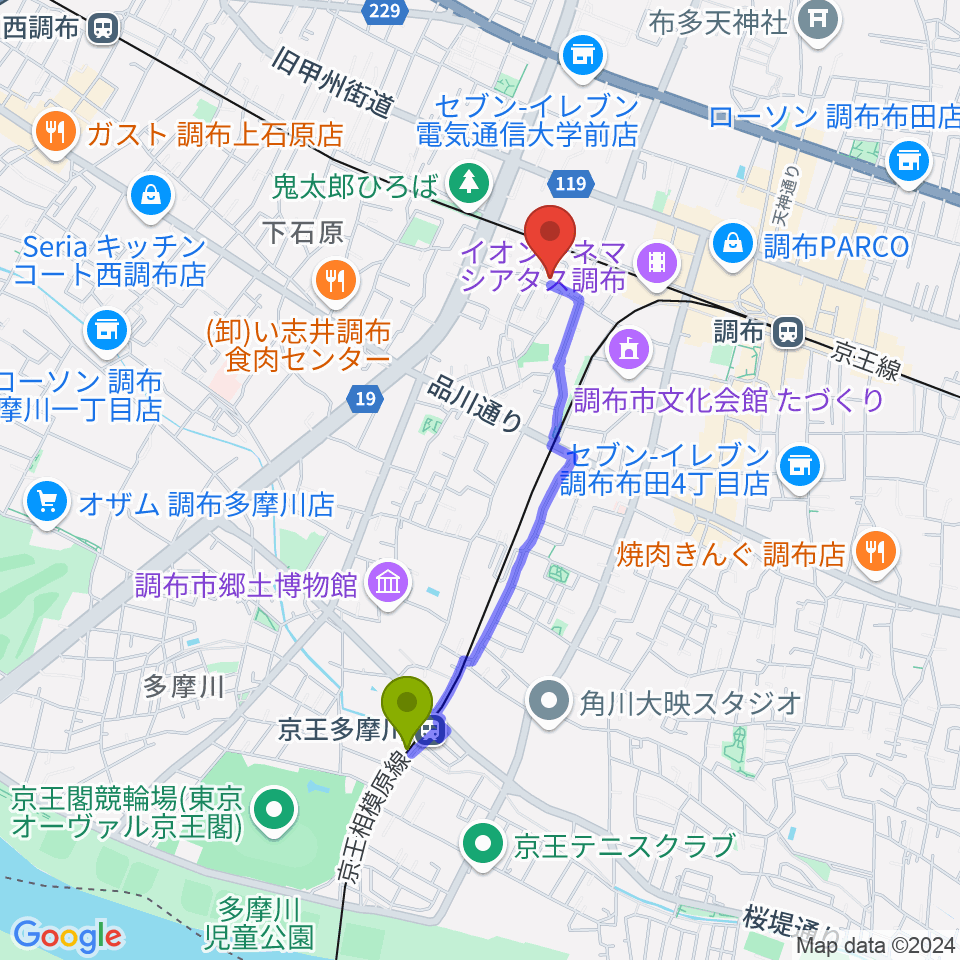 京王多摩川駅からサン・ミュージックスタジオへのルートマップ地図