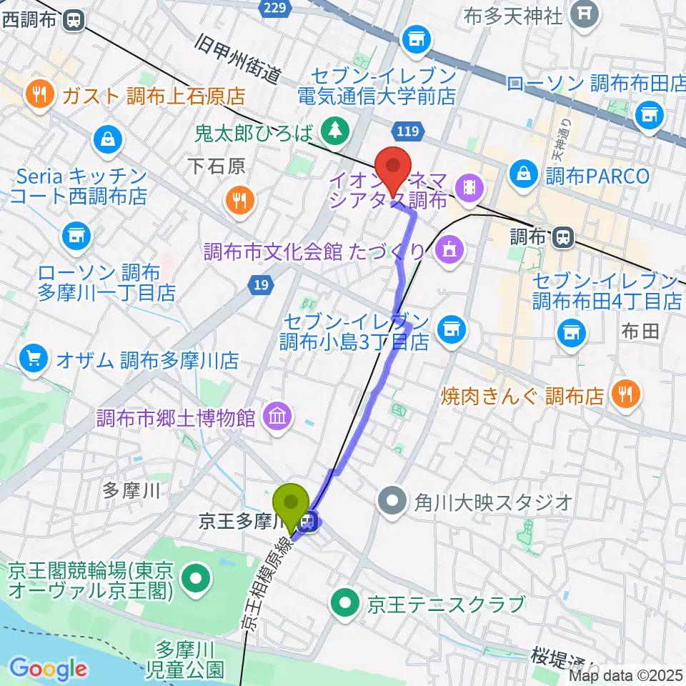 京王多摩川駅からサン・ミュージックスタジオへのルートマップ地図