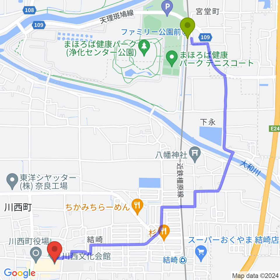 ファミリー公園前駅から川西文化会館へのルートマップ地図