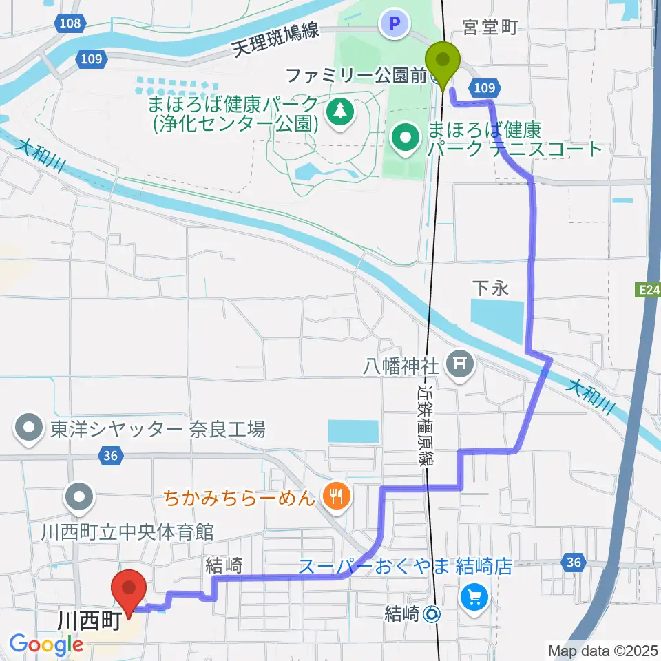 ファミリー公園前駅から川西文化会館へのルートマップ地図