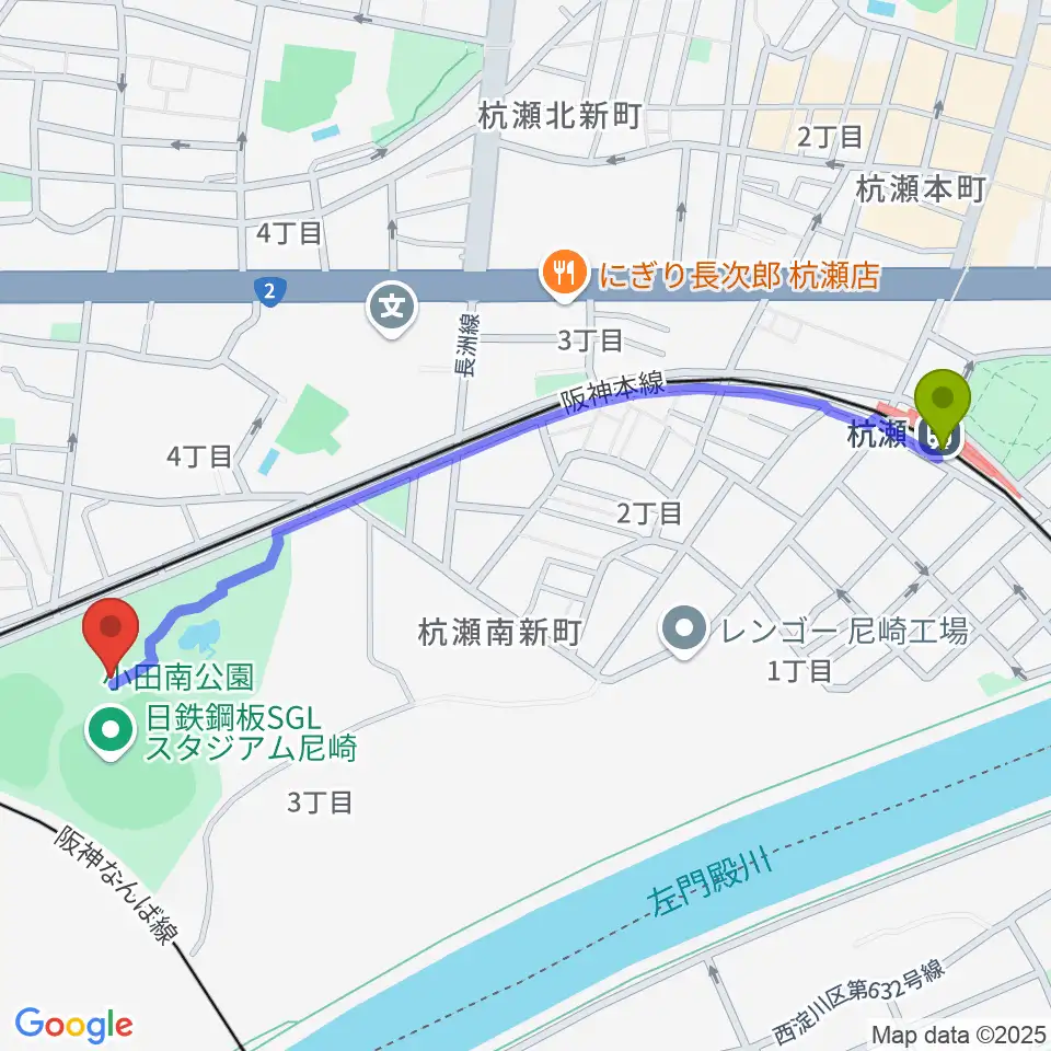 杭瀬駅から日鉄鋼板SGLスタジアム尼崎へのルートマップ地図