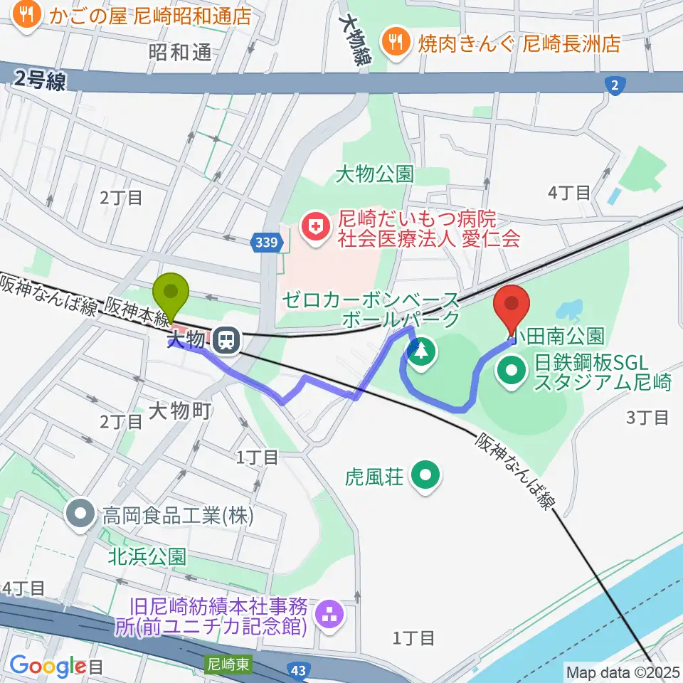 日鉄鋼板SGLスタジアム尼崎の最寄駅大物駅からの徒歩ルート（約8分）地図