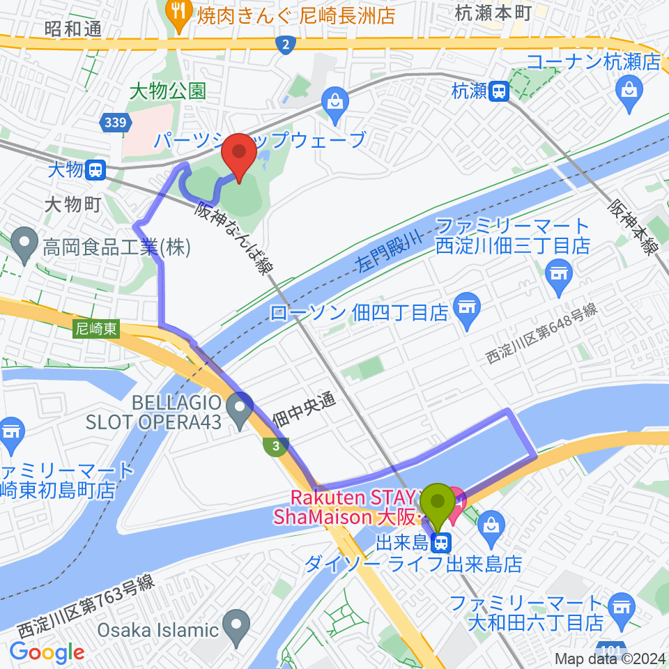 出来島駅から日鉄鋼板SGLスタジアム尼崎へのルートマップ地図