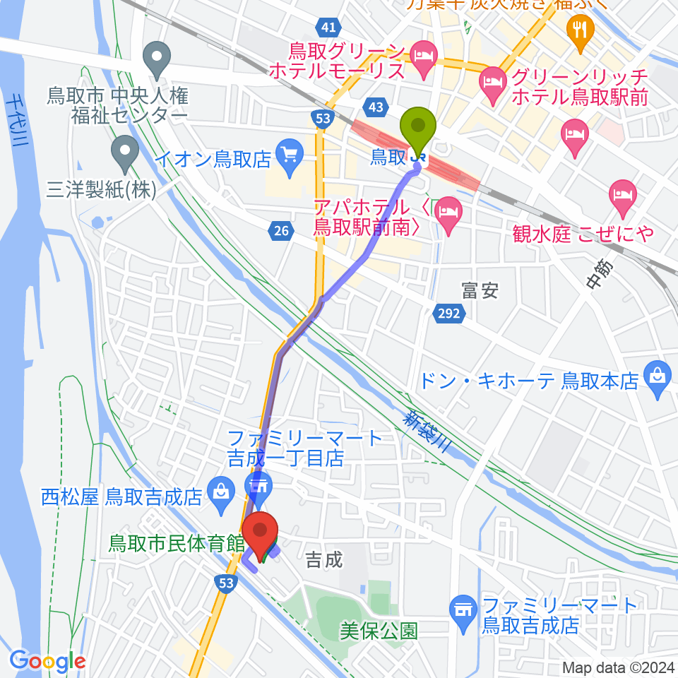 鳥取市民体育館エネトピアアリーナの最寄駅鳥取駅からの徒歩ルート（約20分）地図