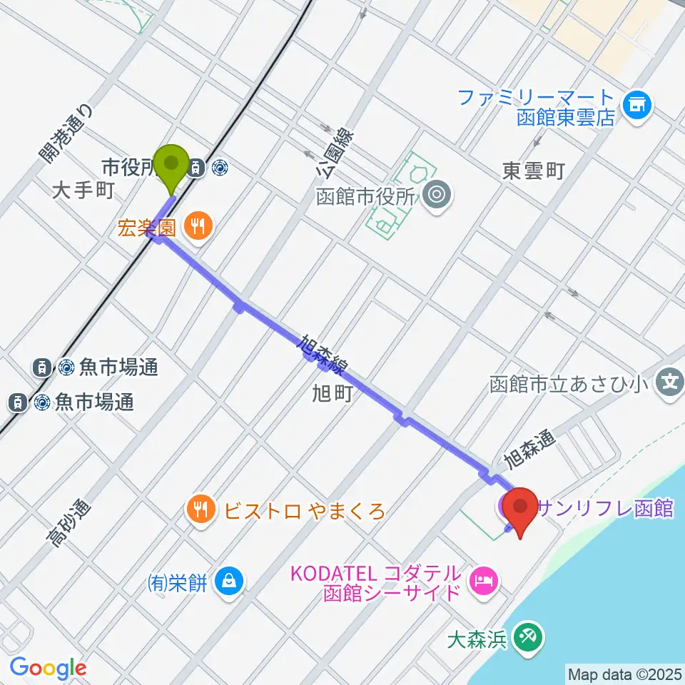 サン・リフレ函館の最寄駅市役所前駅からの徒歩ルート（約10分）地図