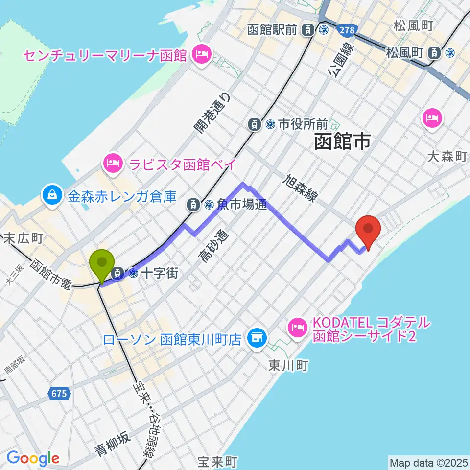 十字街駅からサン・リフレ函館へのルートマップ地図