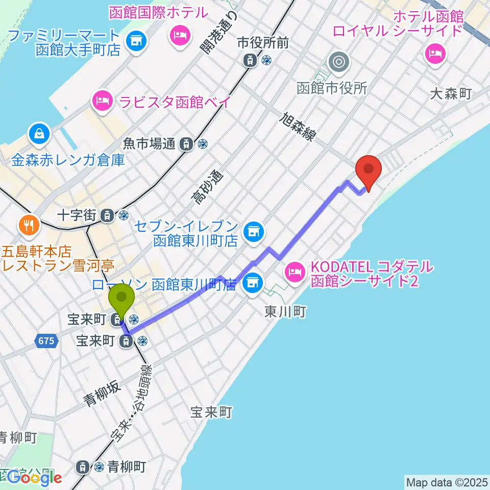 宝来町駅からサン・リフレ函館へのルートマップ地図