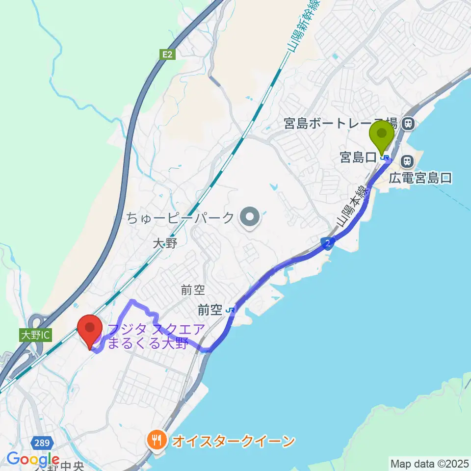 宮島口駅からフジタスクエアまるくる大野へのルートマップ地図