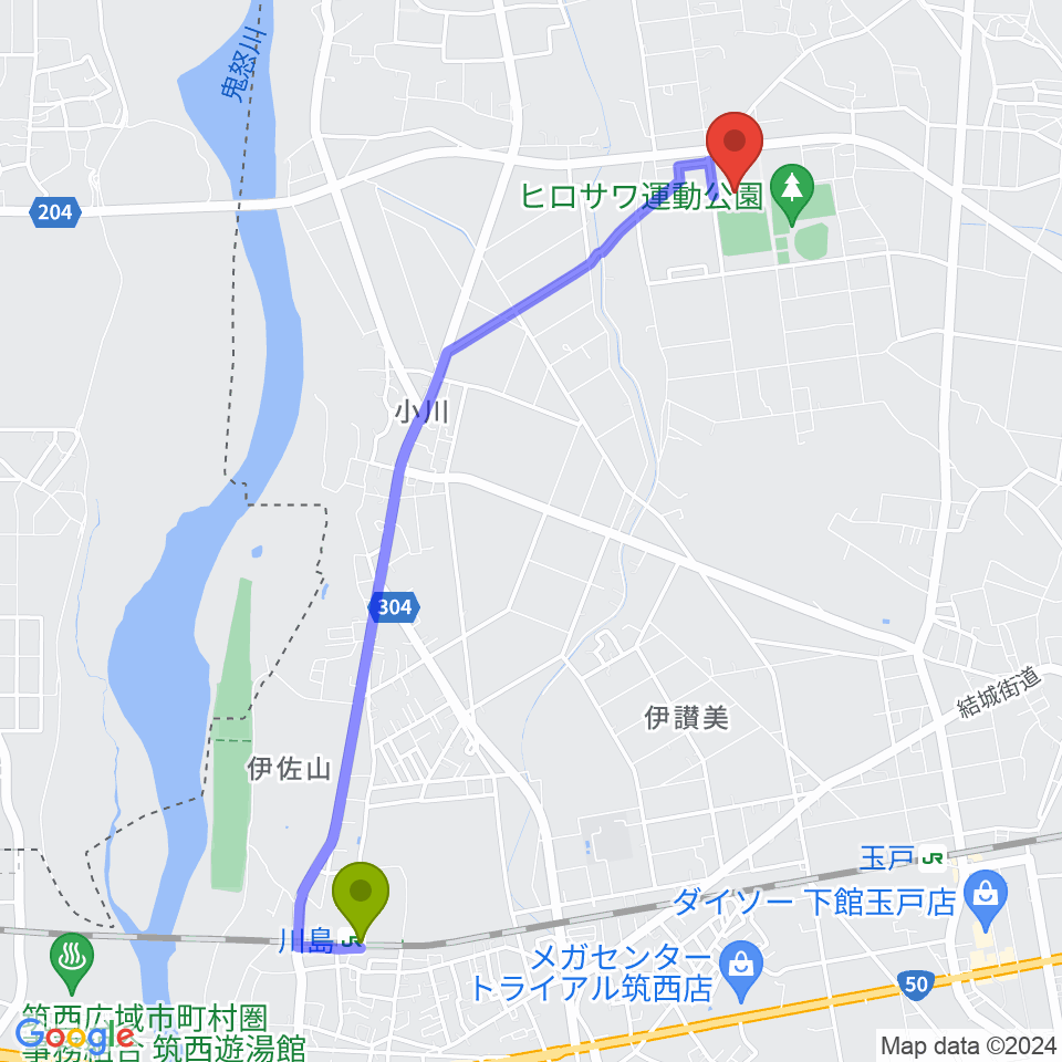川島駅からザ・ヒロサワ・シティ体育館へのルートマップ地図
