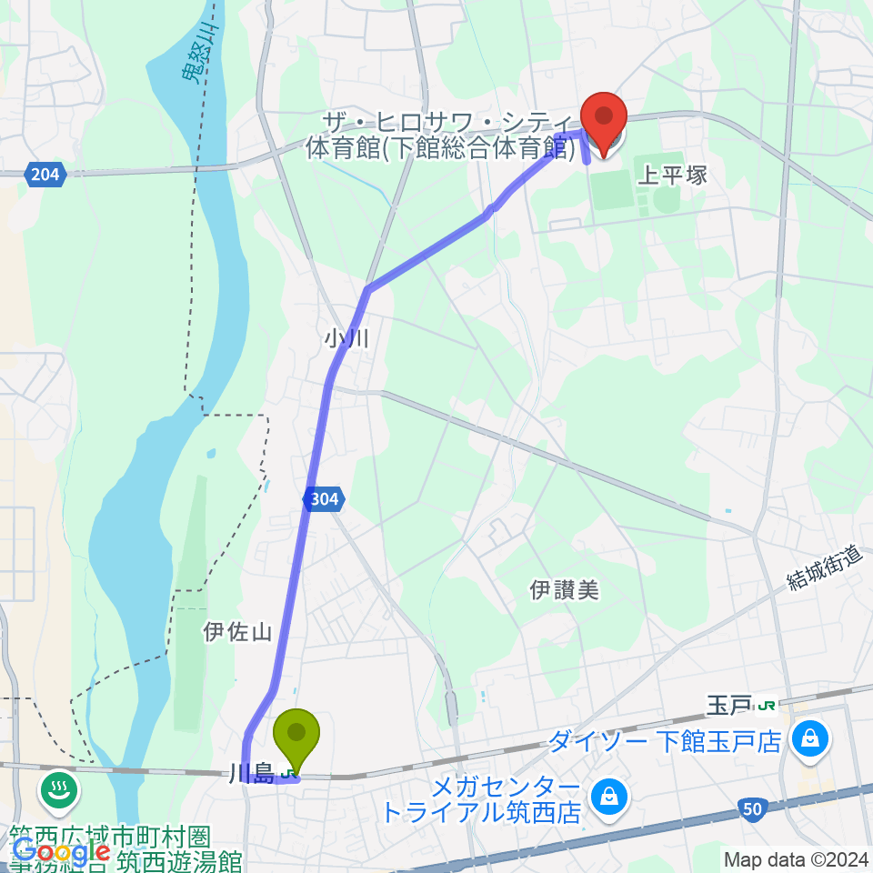 川島駅からザ・ヒロサワ・シティ体育館へのルートマップ地図