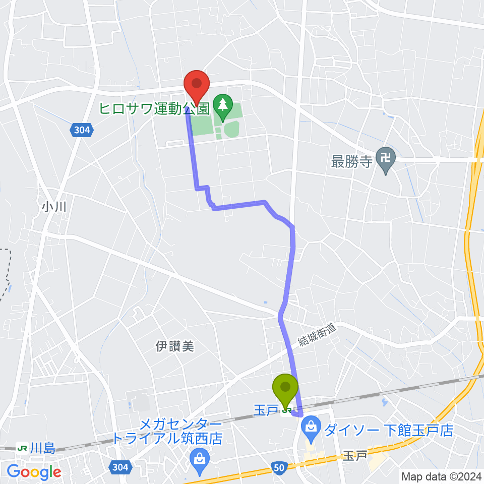 ザ・ヒロサワ・シティ体育館の最寄駅玉戸駅からの徒歩ルート（約40分）地図