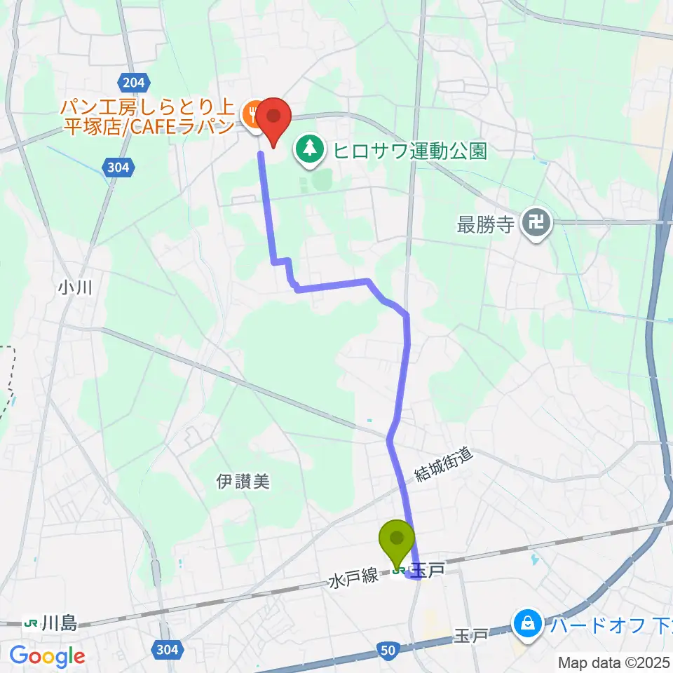 ザ・ヒロサワ・シティ体育館の最寄駅玉戸駅からの徒歩ルート（約40分）地図
