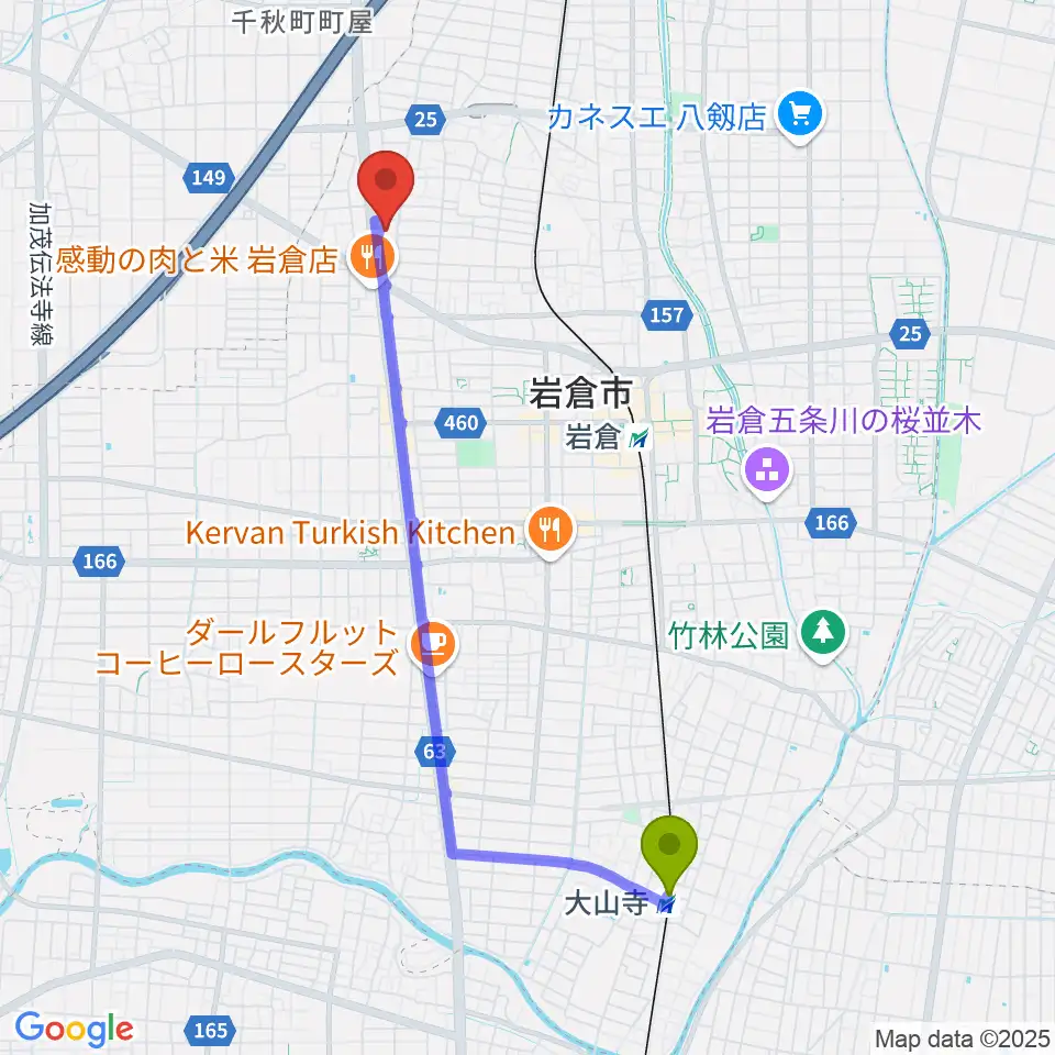 大山寺駅からアデリア総合体育文化センターへのルートマップ地図