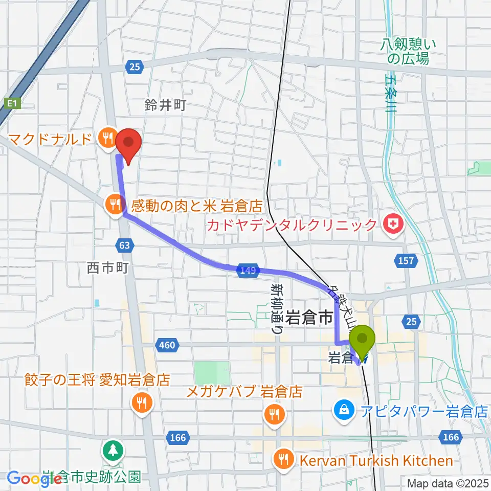 アデリア総合体育文化センターの最寄駅岩倉駅からの徒歩ルート（約19分）地図