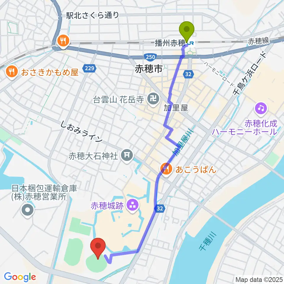 赤穂トラストホープ球場の最寄駅播州赤穂駅からの徒歩ルート（約26分）地図