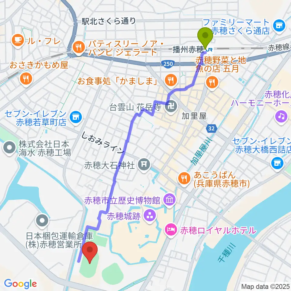 赤穂城南緑地陸上競技場の最寄駅播州赤穂駅からの徒歩ルート（約26分）地図