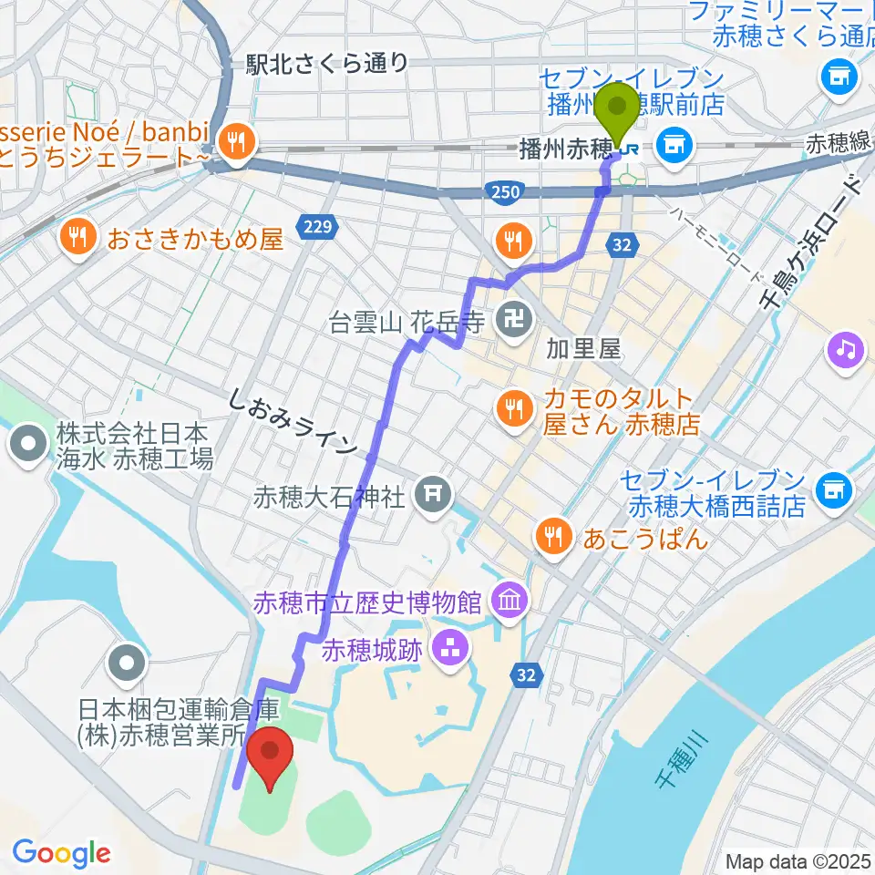 赤穂城南緑地陸上競技場の最寄駅播州赤穂駅からの徒歩ルート（約26分）地図