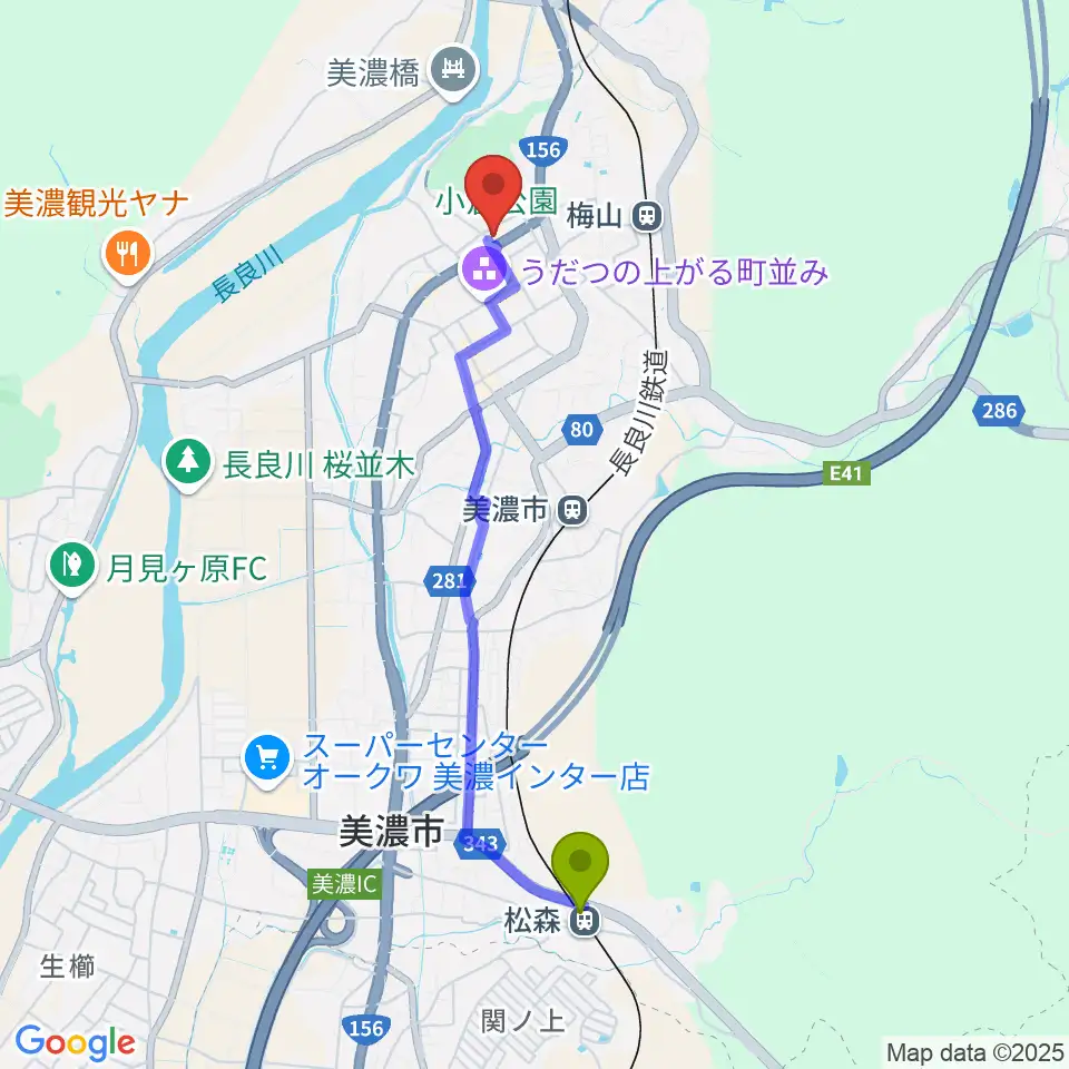 松森駅から美濃市文化会館へのルートマップ地図