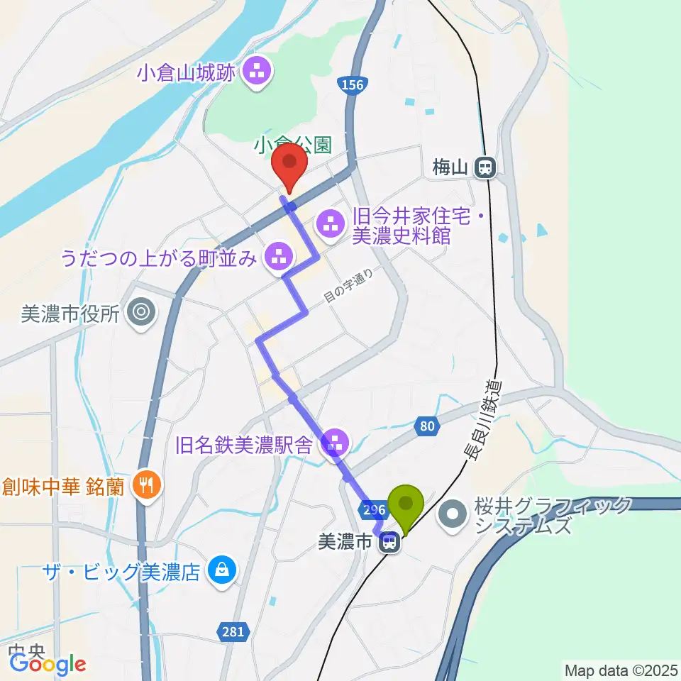 美濃市駅から美濃市文化会館へのルートマップ地図