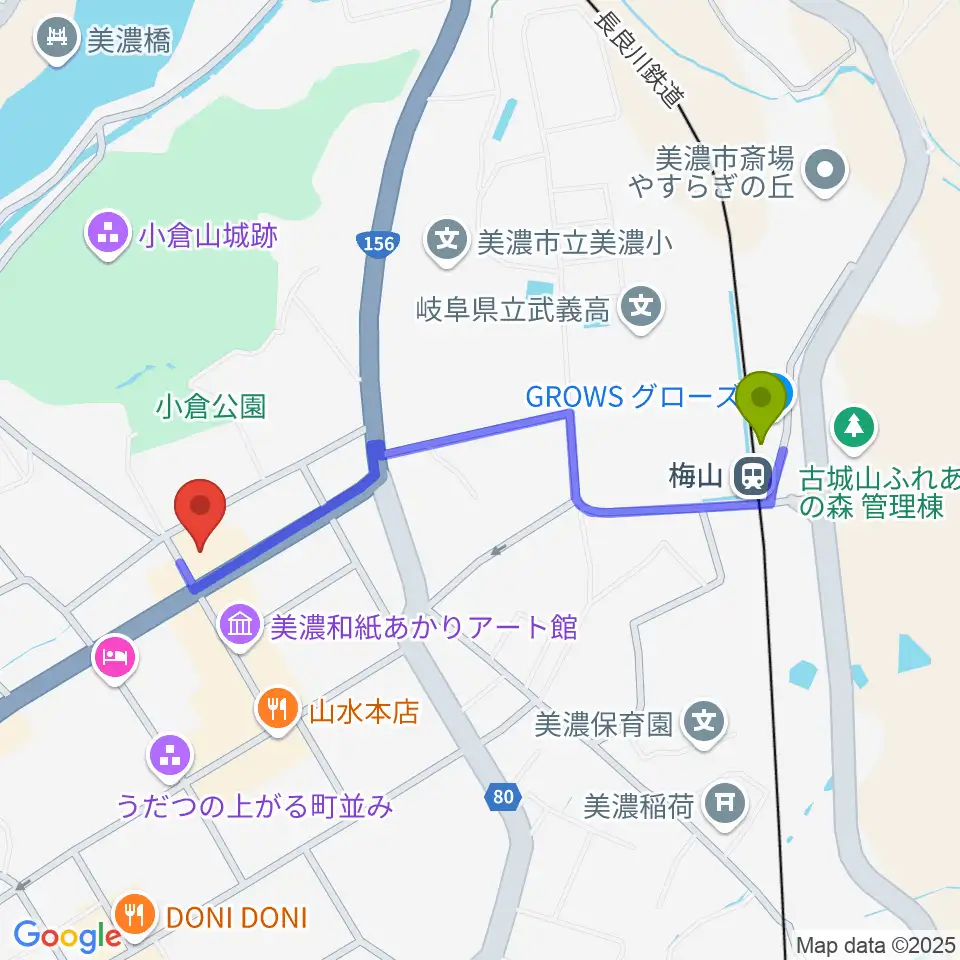 美濃市文化会館の最寄駅梅山駅からの徒歩ルート（約9分）地図