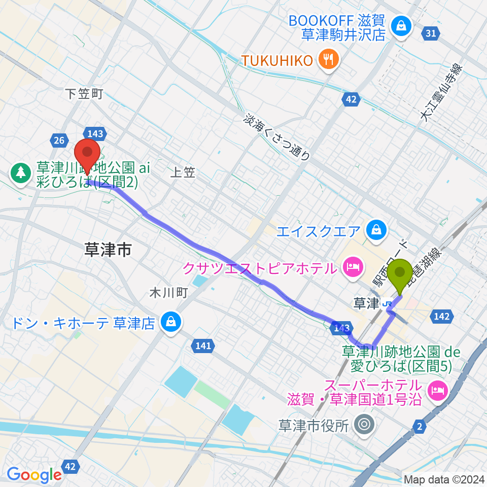 草津市立総合体育館の最寄駅草津駅からの徒歩ルート（約43分）地図