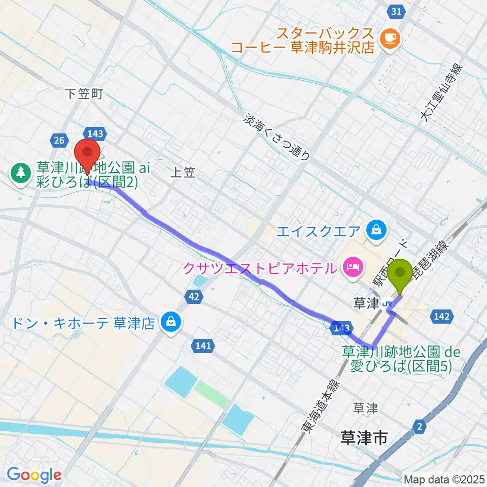 草津市立総合体育館の最寄駅草津駅からの徒歩ルート（約43分）地図