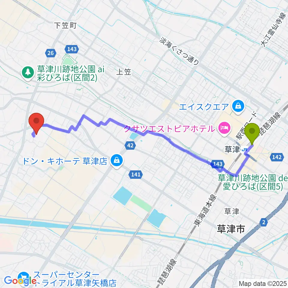 草津駅から草津市立武道館へのルートマップ地図
