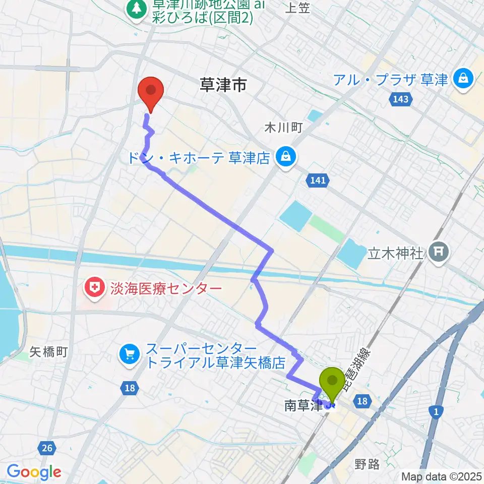 草津市立武道館の最寄駅南草津駅からの徒歩ルート（約44分）地図