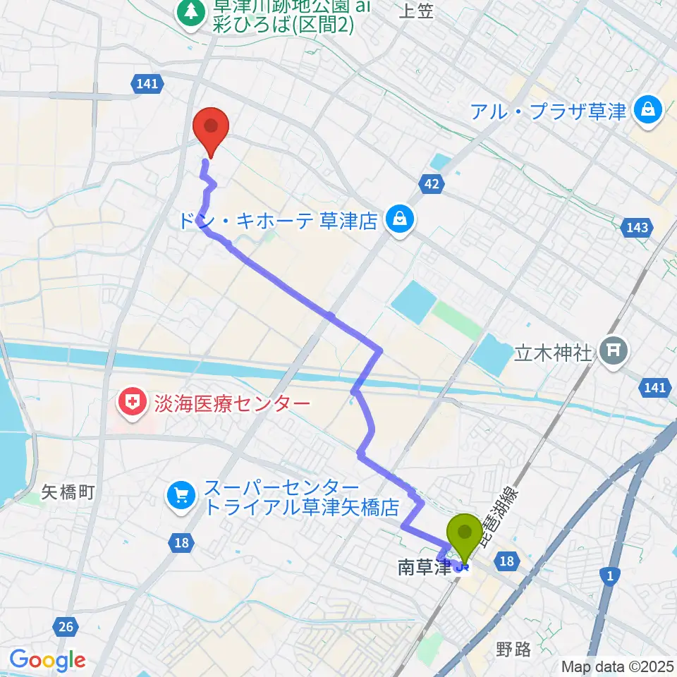 草津市立武道館の最寄駅南草津駅からの徒歩ルート（約44分）地図