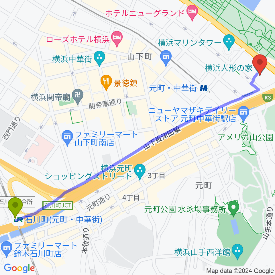 石川町駅から横浜人形の家へのルートマップ地図