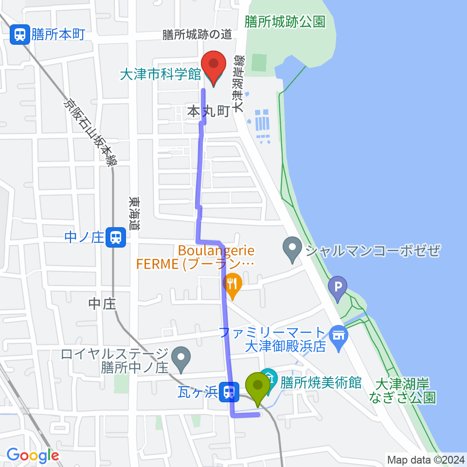 瓦ヶ浜駅から大津市生涯学習センターへのルートマップ地図